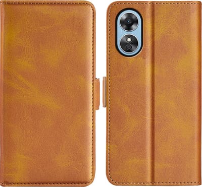 MobyDefend Hoesje - Geschikt voor Oppo A17 - Luxe Wallet Book Case (Sluiting Zijkant) - Lichtbruin