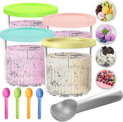 IJsbekers - 4-pack - Behuizingen met deksel - Inclusief lepel - 800 ml - Bewaarcontainer - BPA-vrij - Inclusief 1 ijsschepje - Vaatwasmachinebestendig - 13 x 12 cm - Vier kleuren