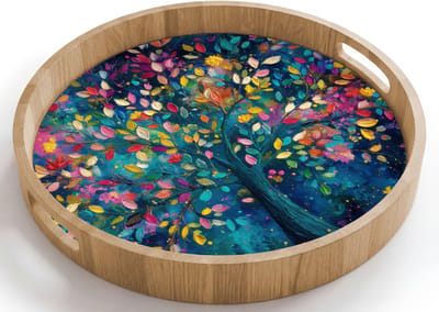 Dienblad rond 40x40 cm - Schootdienblad hout - Kleurrijk - Boom - Magisch - Abstract - Borrelplank rechthoek - Plateau houten dienbladen