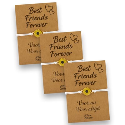 Vriendschapsarmbandjes voor 3 "Best Friends Forever" - Zonnebloem - BFF Armbandjes met Persoonlijk Cadeau Kaartje - Wit met Bloem Hanger - Op Drie Kaartjes- Pax Amare