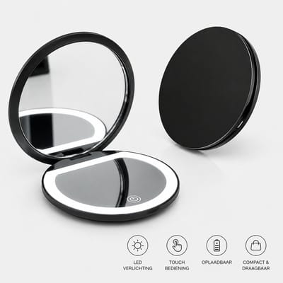 PolkaHome LED Make-up Spiegel - Draagbaar met 2X Vergroting, Oplaadbaar via USB, 3 Helderheidsniveaus, Flip Cover, Zwart