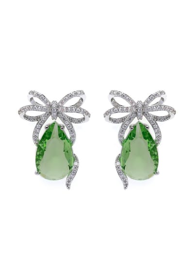 AVANT-GARDE PARIS Groene Oorknopjes Met Hanger - Metaal Met Kristallen - Strikdetail - Rhodium Plated - Damesoorbellen - 1,9 x 2,8 cm