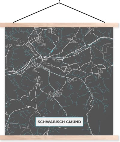 Posterhanger incl. Poster 120x120 cm - Schoolplaat - Blauw – Duitsland – Plattegrond – Stadskaart – Kaart – Schwäbisch Gmünd - Textielposter - Blanke latten - Stadskaart