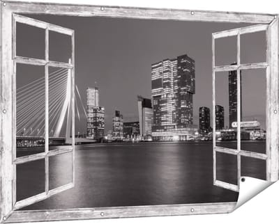 Gards Tuinposter Doorkijk Rotterdamse Skyline - Zwart Wit - 150x100 cm - Tuindoek - Tuindecoratie - Wanddecoratie buiten - Tuinschilderij