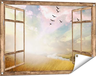 Gards Tuinposter Doorkijk Groep Vogels Vliegen Boven het Gras - 90x60 cm - Tuindoek - Tuindecoratie - Wanddecoratie buiten - Tuinschilderij