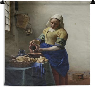 Wandkleed Johannes Vermeer - Het melkmeisje - Schilderij van Johannes Vermeer Wandkleed katoen 90x120 cm - Wandtapijt met foto