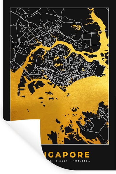 Muurstickers - Sticker Folie - Singapore - Stadskaart - Goud - Plattegrond - Kaart - 20x30 cm - Plakfolie - Muurstickers Kinderkamer - Zelfklevend Behang - Zelfklevend behangpapier - Stickerfolie