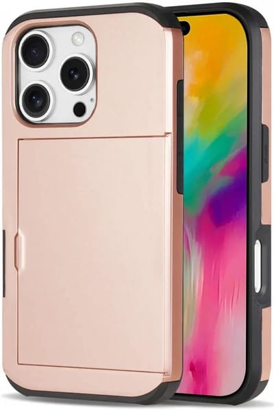 Hoesje met Kaarthouder Slider Geschikt voor Apple iPhone 16 Pro Max | Back Cover Pasjeshouder Achterkant | Kaarthouder voor Twee Pasjes | Roze