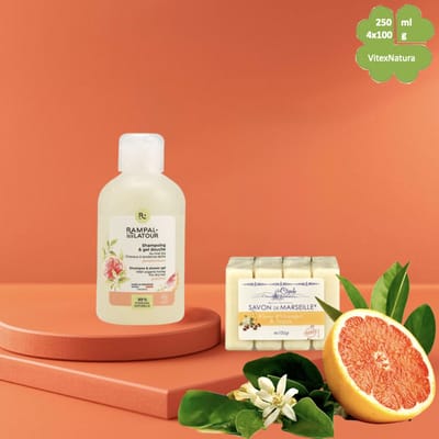 Rampal latour Biologische Grapefruit 2-in-1 Shower Shampoo 250ml + La Cigale Argan & Oranjebloesem Zeep 4x 100g