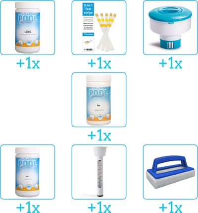 Zwembad Onderhoudspakket - Onderhoud Zwembad - bevat Chloor - Testrips - Chloordrijver - PH-min - PH-plus - Thermometer en Scrubborstel (7-delig)
