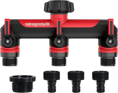 3-Weg Tuinslang Splitter met 3/4" Draad, Kranenadapter voor Tuinirrigatie en Tijdschakelaars - Zwart en Rood, Perfect voor Waterbesparing en Efficiënte Irrigatie