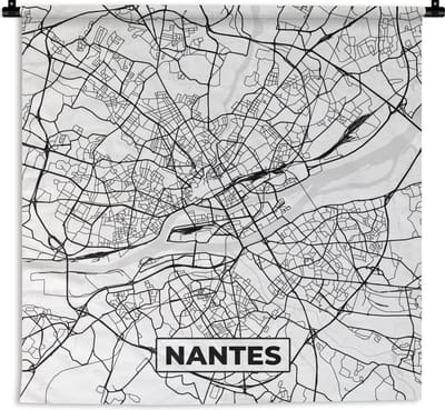 Wandkleed - Wanddoek - Plattegrond - Nantes - Kaart - Frankrijk - Stadskaart - Zwart wit - 180x180 cm - Wandtapijt