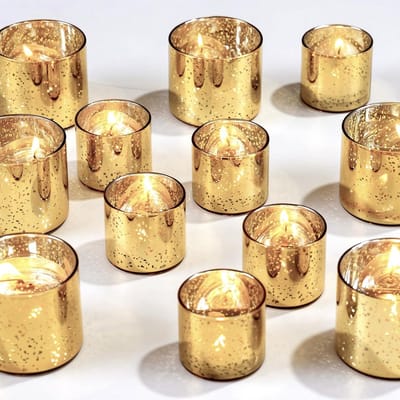 Set van 12 Gouden Kandelaars Votiefhouders - Gespikkeld Kwikgoud - Decoratie voor Bruiloft, Feest en Woonaccessoires