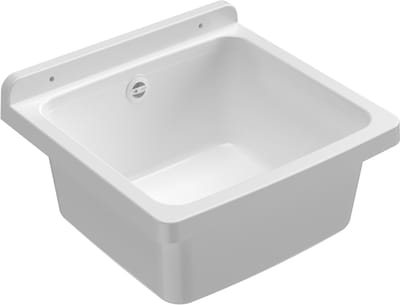 Kuip van PP-hars, wandbevestiging, compact, met sifon en afvoergarnituur, bestand tegen zuren, bijkeuken, garage, buiten, 40 x 40 x 19 cm, wit