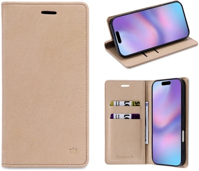 Casemania Hoesje Geschikt voor Apple iPhone 17 - Soft Beige - Dunne Bookcase met Pasjeshouder - Slim Wallet Case van Lederlook met Fijne Nerf en Rijke Glans