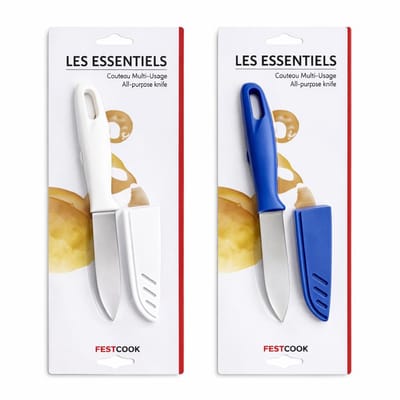 Keukenmessen Set van 2 – Met Beschermhoes – 20 cm – RVS Lemmet 9,5 cm – Wit & Blauw