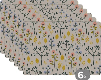 Placemat - Placemats kunststof - Flora - Patroon - Geel - Roze - 45x30 cm - 6 stuks - Hittebestendig - Anti-Slip - Onderlegger - Afneembaar