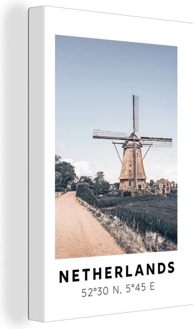 Canvas Schilderij Nederland - Windmolen - Vintage - 20x30 cm - Wanddecoratie