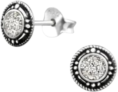 Aramat Jewels | Oorbellen | Oorstekers – Sterling Zilver Bali Etnisch Witte Glitter 7mm Rond Geoxideerd | | | |7mm | Zilver | Kinderen, Volwassenen | Verkleurd niet