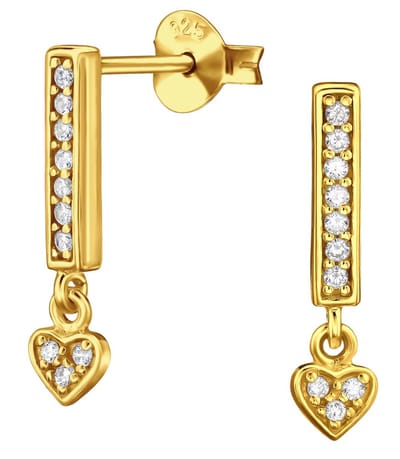 Joy|S - Zilveren hartje bedel oorbellen - bar / staaf oorknoppen met hangend hartje - 4 x 16 mm - zirkonia - sterling zilver 925 - gold plated