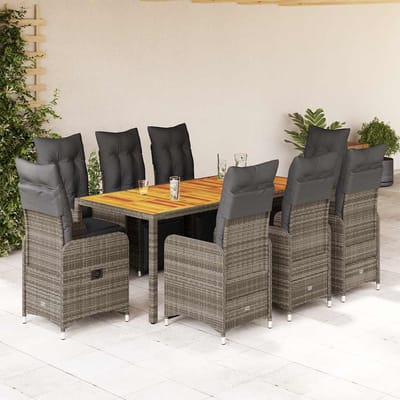 vidaXL - 9-delige - Bistroset - met - kussens - poly - rattan - grijs