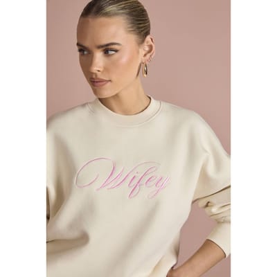 boohoo Dames Wifey Geborduurd Oversized Bruidssweater | Ecru | Maat: XL