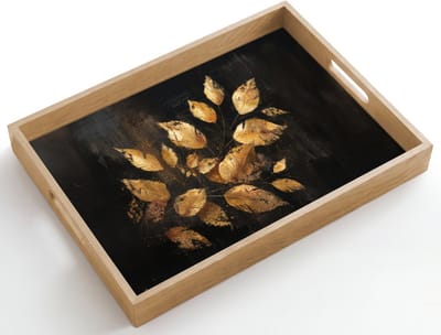 Dienblad hout 50x35 cm - Schootdienblad - Gouden Bladeren op Donkere Achtergrond - Borrelplank rechthoek - Plateau dienbladen