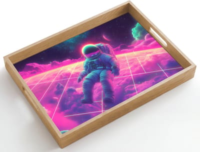 Dienblad hout 50x35 cm - Schootdienblad - Astronaut - Neon - Roze - Wolken - Borrelplank rechthoek - Plateau dienbladen