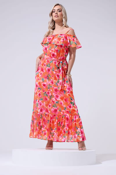 Yours London Oranje Bloemenjurk Met Blote Schouders Size 42