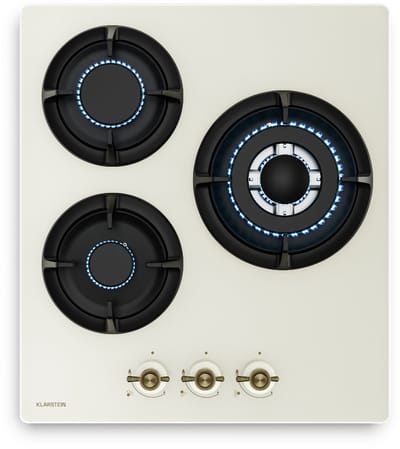 Klarstein Kookplaat Victoria gasfornuis, 3 branders, 6050 W, 45 cm glazen , geschikt voor LPG en aardgas, retro design, elektrische ontsteking, vlambeveiliging, slang- en regelaarset, crème - Kookveld - voor Keuken - Cooktop - Hob