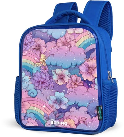 NoBoringSuitcases.com® - Rugzak blauw - Schooltas jongens - Illustratie van wolken, regenbogen en bloemen - Kinder rugtas jongen - Boekentas kind - Kinderrugzak voor school - Schoolrugzak