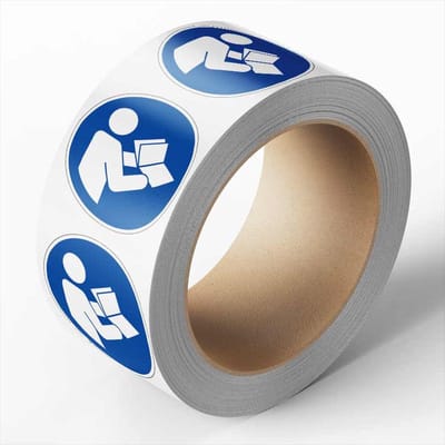 Gebruiksaanwijzing lezen verplicht sticker op rol, 25 meter, M002 50 mm - 475 per rol