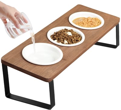 Dailygoody - Kattenbak - Verhoogde voerbak - Ergonomisch ontwerp - Houten set van 3 - Kattenvoerstation - Geschikt voor alle rassen - 11 cm hoog