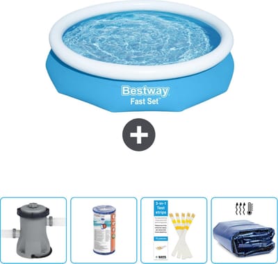 Bestway Rond Opblaasbaar Fast Set Zwembad - 305 x 66 cm - Blauw - Inclusief Pomp Filter - Testrips - Solarzeil