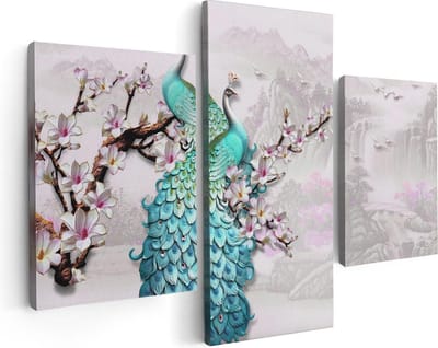 Artaza Canvas Schilderij Drieluik Twee Blauwe Pauwen - Abstract - 90x60 - Foto Op Canvas - Canvas Print