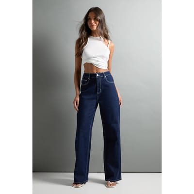 boohoo Dames De high waist jeans met rechte pijpen | Indigo | Maat: 6/30L