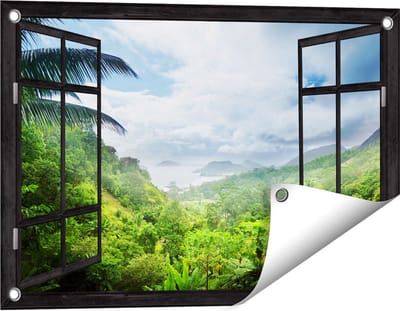 Gards Tuinposter Doorkijk Jungle Uitzicht op de Seychellen - 60x40 cm - Tuindoek - Tuindecoratie - Wanddecoratie buiten - Tuinschilderij
