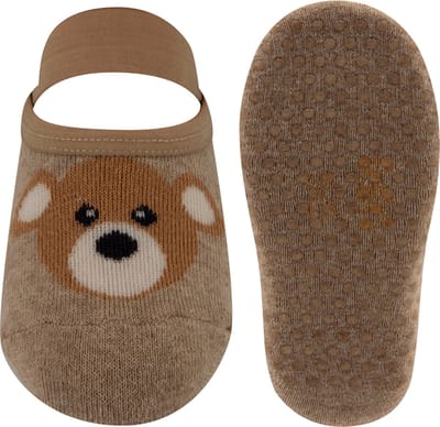 Ewers Slofjes met Antislip - Zand/Beige met Bruin Beertje - Siliconen Nopjes-27/30