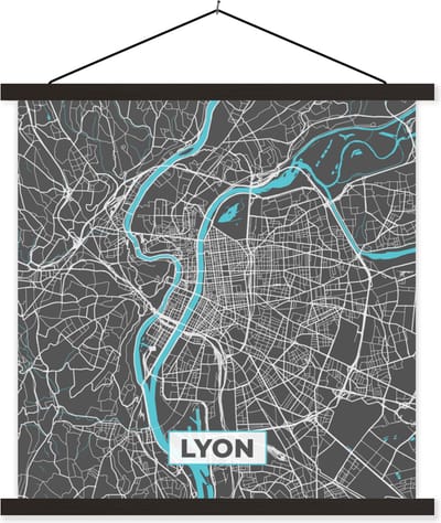 Posterhanger incl. Poster 60x60 cm - Schoolplaat - Lyon - Kaart - Stadskaart - Plattegrond - Frankrijk - Textielposter - Zwarte latten - Stadskaart