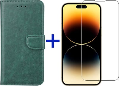 iPhone 14 Pro Max hoesje bookcase met pasjeshouder + screenprotector voor iPhone 14 Pro Max - Groen