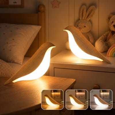 Rosnek 2 Stuks Wipwap Vogel Nachtlampje met Aroma Diffuser - Draadloos Touch Dimbaar Tafellamp - 3 Kleuren LED Bureaulamp - Oplaadbaar - Houtnerfkleur