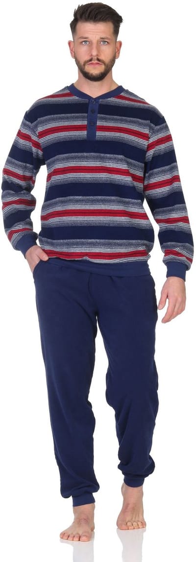 Heren pyjama in badstof met manchetten in een stijlvolle blokstreep-look - ook in oversize