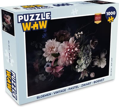 Puzzel Bloemen - Vintage - Pastel - Zwart - Boeket - Legpuzzel - Puzzel 1000 stukjes volwassenen