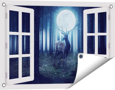 Gards Tuinposter Doorkijk Hert in het Bos tijdens Volle Maan - 60x40 cm - Tuindoek - Tuindecoratie - Wanddecoratie buiten - Tuinschilderij