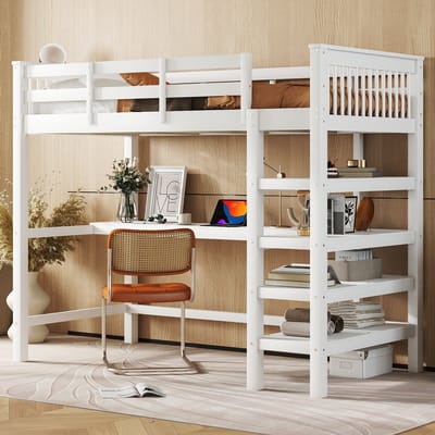Hoogslaper - 90x200 cm - met bureau & opbergvakken - Wit