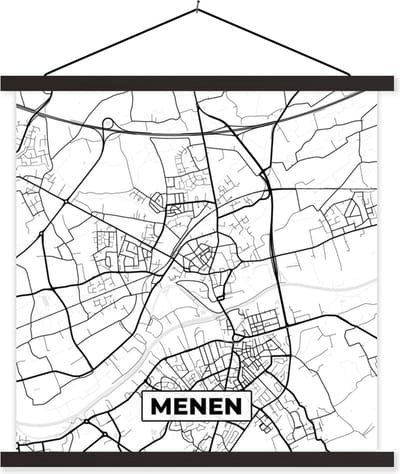Posterhanger incl. Poster 60x60 cm - Schoolplaat - Kaart – Plattegrond – Stadskaart – Menen – België – Zwart Wit - Textielposter - Zwarte latten - Stadskaart