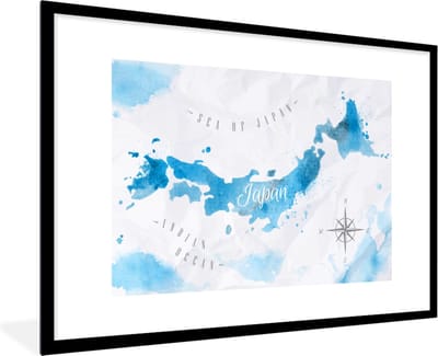 Poster in lijst - Fotolijst 90x60 cm - Posters - Wereldkaarten - Japan - Waterverf - Posterlijst zwart - Decoratie - Wanddecoratie woonkamer - Muurdecoratie slaapkamer