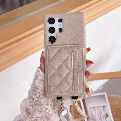 Leren Crossbody met Kaarthouder Telefoonhoesje voor Samsung Galaxy S24 S22 Ultra Plus S23 FE A15 A25 A35 A55 A24 A34 A54 A14 Cover Galaxy A55 beige