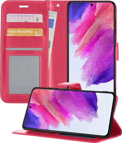 Hoesje - Met Pasjeshouder - Geschikt voor Samsung Galaxy S21 FE - Luxe Bookcase Portemonee - Flip Case - Kunstleer Book Case - Flipcase - Book Cover - Walletcase - Portemonneehoes - Telefoonhoesjes - Donkerroze