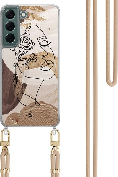 Casimoda® hoesje met koord - Geschikt voor Samsung S22 - Abstract Gezicht Bruin - Afneembaar koord - TPU/polycarbonaat - Bruin/beige